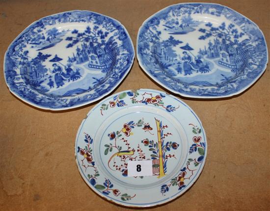 18th century Delftware plate and a pair of early pearlware blue and white plates